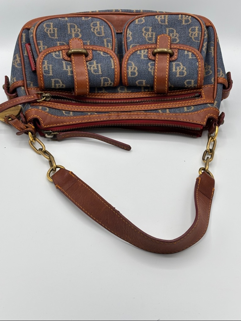 Vintage Dooney & Bourke Blue Logo Denim Banana Bag Brown Leather Trim - Picture 15 of 16